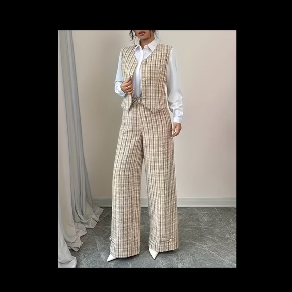 Pants - Retro Formal
Attire Checkered Suit - Vest & Wide-Leg Pants 2pcs